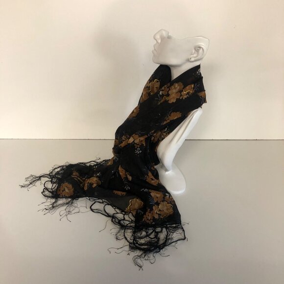 Ucho Bali Black Gold Metallic Floral Scarf Fringe Lightweight Sheer 19.5x63in - Picture 4 of 7